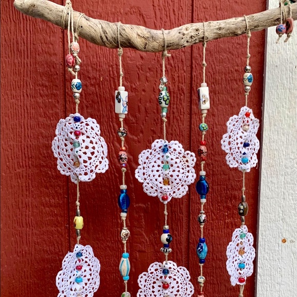 Driftwood Crochet Boho Flowers Of Life Glass Beads Sea Rocks Window Wall Decor - Picture 15 of 15